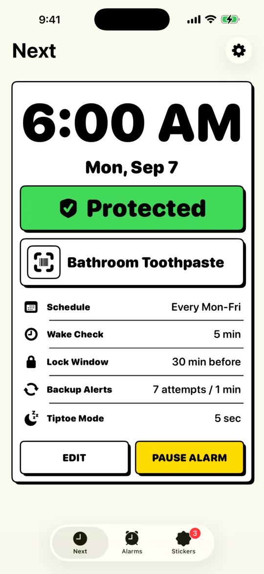 BarLock screenshot of the Next screen with a 6:00 AM alarm marked Protected and Tiptoe Mode set to 5 seconds