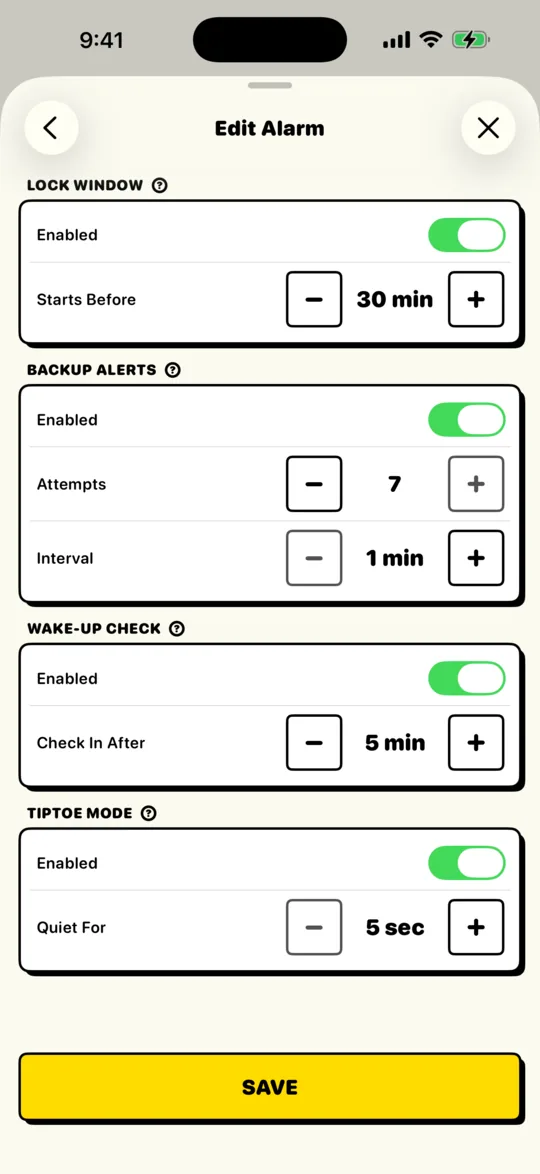 BarLock screenshot of alarm rules showing Lock Window, Backup Alerts, Wake-Up Check, and Tiptoe Mode