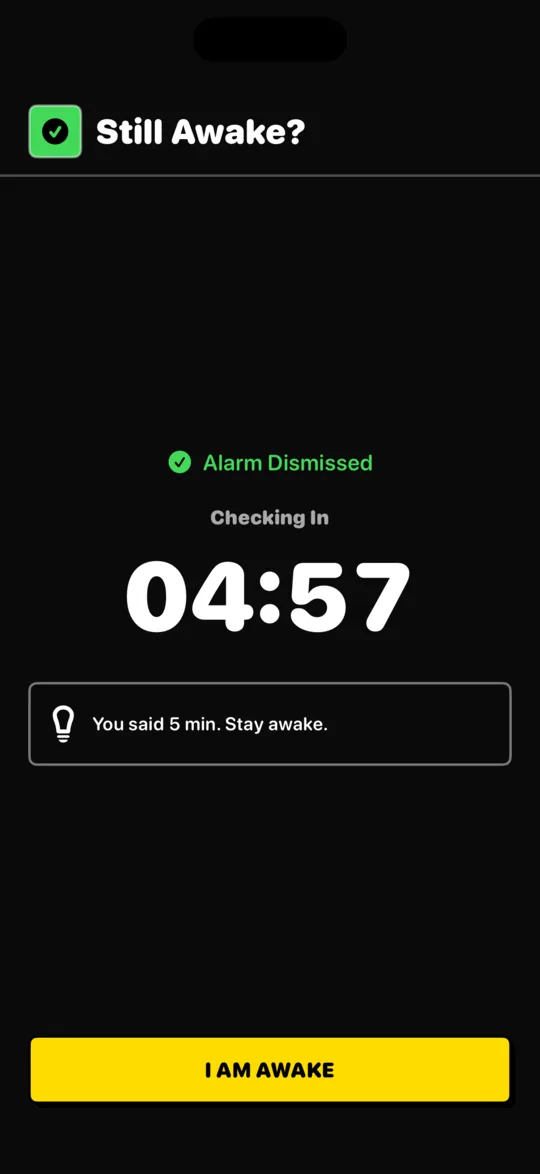 BarLock screenshot of the Wake-Up Check countdown after a dismissed alarm