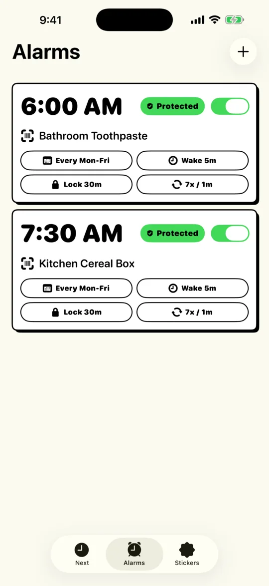 BarLock screenshot of the alarms list with two protected weekday alarms