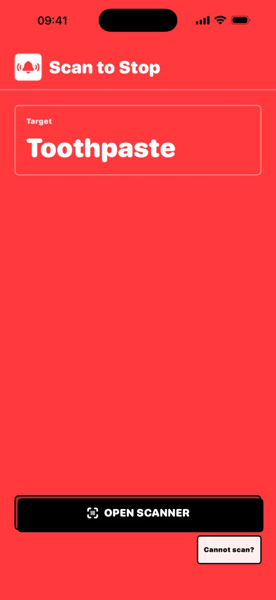 BarLock active alarm screen requiring a toothpaste barcode scan