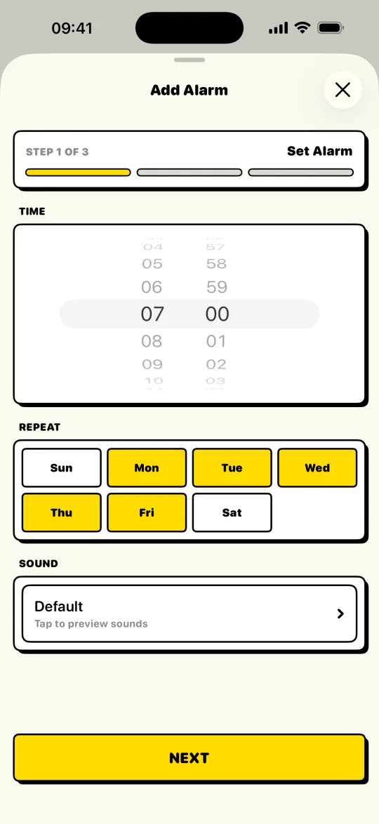 BarLock Add Alarm time step with repeat days and sound selection