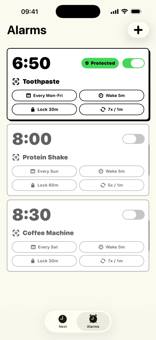 BarLock alarms list with protected and paused barcode alarms