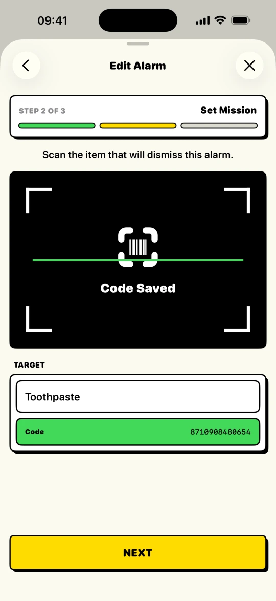 BarLock mission setup screen with a saved barcode target